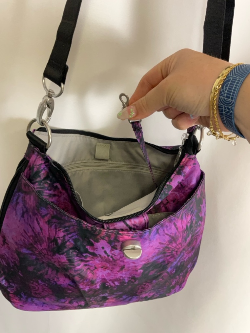 Baggallini Purple Tie-Dye Crossbody Bag with Black Adjustable Strap - Picture 10 of 10
